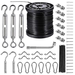String Lights Hanging Kit,Globe String Lights Suspension Kit,Outdoor Light Guide Wire,Includ 164 FT Nylon-Coated Stainless Steel Wire Rope Cable,Turnbuckle and Hooks,Enough Accessories,Use Manual