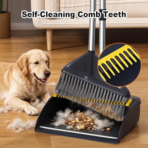 Image of Broom and Dustpan Set with 52 inch Long Handle | Stand Up Dustpan with No Warping Metal Edge, 4-Layer Flagged-Tip Bristles, Hair Cleaning Teeth for Home, Kitchen & Office