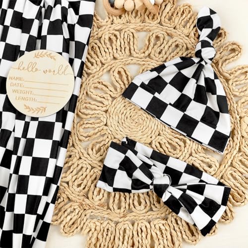 Image of TANOFAR 4-Pack Newborn Swaddle Blanket for Baby Girls & Boys, Ultra Soft Receiving Blankets with Matching Headband and Beanie Set Baby Nursery Swaddle Wrap, Black Checkerboard