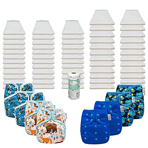 Osocozy Prefold Cloth Diaper Package - 5 Dozen Bleached Prefolds & 8 One Size Diaper Covers. (2 Jay Feather, 2 Critter, 2 Dragon & 2 Blueberry Covers) All The Diapers & Covers Needed From 7-30 Lbs #TOP22