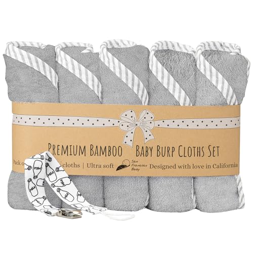 San Francisco Baby Burp Cloths for Boys & Girls, 5-Pack with Pacifier Clip - Bibs & Burping Cloths, Spit-Up Rags, Neutral Burp Rags - Gray