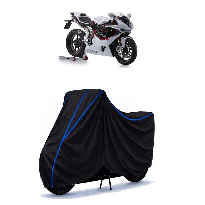 Image of MV Agusta F4 RR Bike Cover Water Resistant Universal Motorcycle Rain | Heavy Duty UV Protection, Dust, Scratch Indoor Outdoor All Weather with Black Blue Piping Elastic