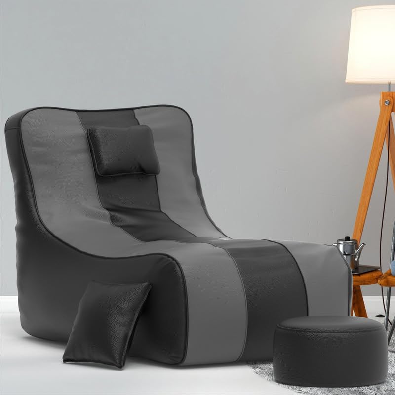 Image of Biggie Bean Bag with Beans Filled 6XL Zuno Lounger-Laziness Pro Max-Crafted for Comfort-Styled for Elegance with Free Cushion & Footrest (Matching Color : Leatherette Black Dark-Grey)