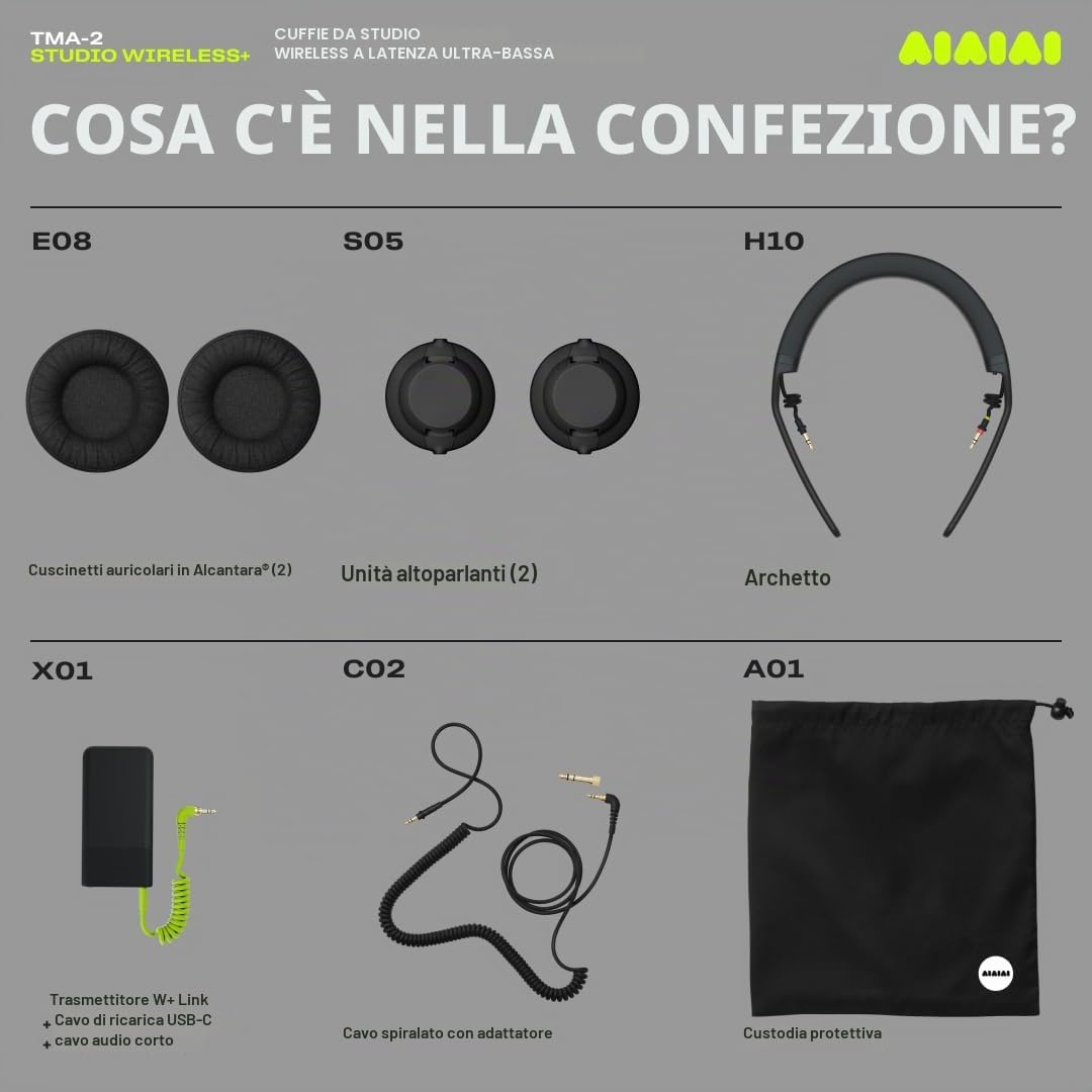 AIAIAI TMA-2 Studio Wireless+ cuffie professionali con audio wireless non compresso a latenza ultra bassa, cuscinetti over-ear in memory foam, Bluetooth integrato e cavo spiralato rimovibile