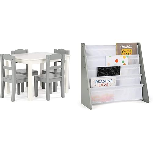 Humble Crew Kids Wood Table & 4 Chairs Set, White/Grey & Crew Kids Book Rack Storage Bookshelf, Grey/White