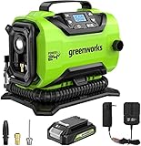 Greenworks Tragbarer 24V Luftkompressor Akku-Reifenfüller-Luftpumpe, max. 160 PSI, 2 Stromquellen, automatische Abschaltung, für Auto, Fahrrad, Motorrad, Luftboot, mit 2Ah Akku und Ladegerät
