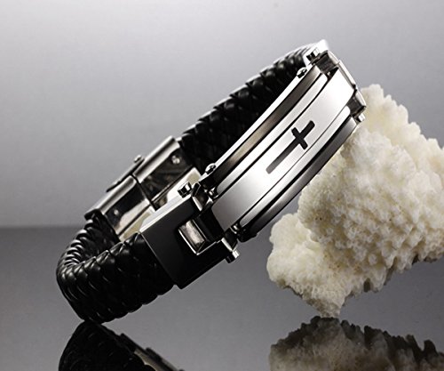 Feraco Mens Leather Cross Bracelets Christian Religion Stainless Steel Bracelet For Confirmation Gifts, 9.06 Inch(Black) #TOP2