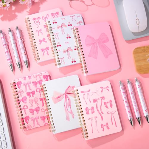 Image of Resurhang 6 Pack Pink Bow Spiral Pocket Notebooks Coquette Bow A6-Small Notebooks Cute Preppy Aesthetic Journal with Ballpoint Pens for Office School Day Classroom Prize Gifts 5.7 x 4.1 Inch