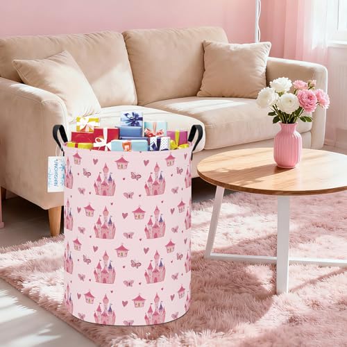 Image of Round Laundry Basket Collapsible Storage Hamper Pink Castle | Waterproof Canvas Foldable Baskets with sturdy Handles Multi-scene Organizer for Home Play Bedroom Gift Bin