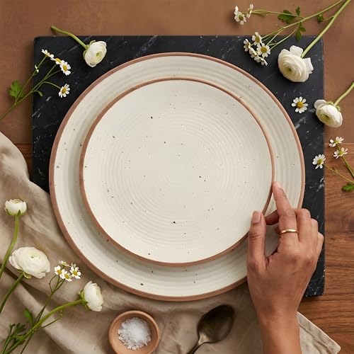 Image of miah decor Ceramic Dinner Set - 8-Piece Handmade Stoneware Dining Set | 4 Quarter Plates & 4 Dinner Plates | Off White Ribbed Matte Finish | Microwave & Dishwasher Safe | Ideal for Gifting