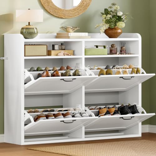 TEENFON Mueble Zapatero Recibidor Estrecho–105cm de Ancho, Armario Zapatero con 4 Solapas y 2Compartimentos Abiertos, Estantes Ajustables, para16–24Pares de Zapatos, Apto para Pasillo,Recibidor,Blanco