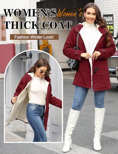 Yuson Girl Winterjacke Damen Fleecejacke Lang Warm Hornknopfjacke Einfarbig Wintermantel Kapuzenpullover Winter Cardigan Sweatshirt Damen Reißverschluss Kapuzenjacke mit Knopf(Weinrot, L)