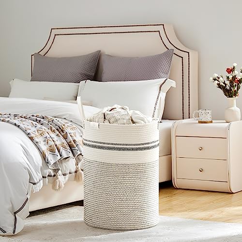 Image of VIPOSCO 72L Tall Woven Rope Laundry Hamper, Leather Handles, Stripe White | Large Wicker Laundry Basket for Dirty Clothes, Blanket, Toy, Towel, Yoga Mat, Storage Bin in Bedroom, Bathroom, Living Room