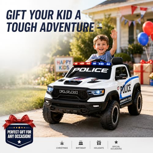 Image of 24V Licensed Dodge RAM Police Ride On Truck, 4WD Motor Kids Electric Car with Remote Control, 2-Seater Safe Ride On Vehicle, Bluetooth Music Emergency Light, Birthday Gift for 3-8 Years Boys Girls