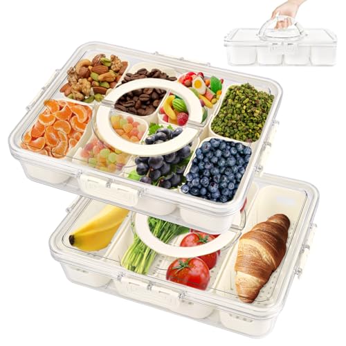 Comius Sharp Bandeja de Aperitivos con Tapa, Caja Contenedor para Aperitivos, 4 y 8 Compartimentos, Cajas de Snacks Aptas, Snack Box con Tapa para Dulces, Frutas, Galletas, Postres, Verduras(2 Piezas)