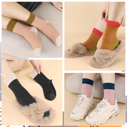 Image of Jspupifip 6 Pairs Womens Strip Crew Socks Cute College Style Ribbed Socks | Combed Cotton, Elastic Ribbed, Retro Stripe, for Work, Commuting, Shopping, Dating, Birthday, Sports, Home, Office
