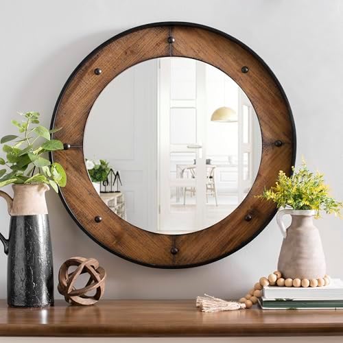 Rustic Round Wall Mirror 24 Inch, Natural Wood Frame with Black M...