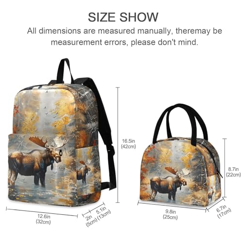 Moose Paint Print Backpack Set with Lunch Bag, Large Capacity Travel Backpacks and Lunch Box Insulated for Commute Hiking Picnic2