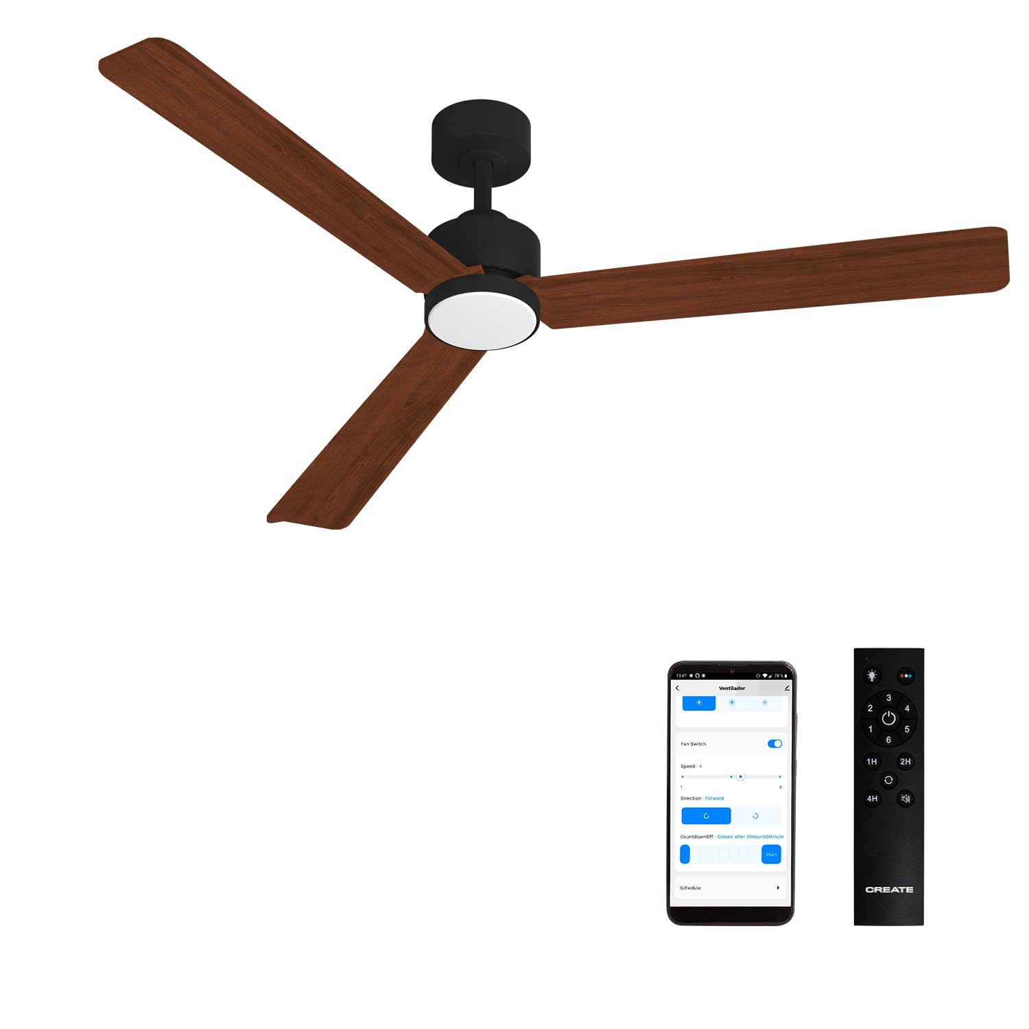 CREATE / WIND MODERN L/Ventilatore da soffitto con luce nero legno scuro con WiFi e telecomando / 40W, Luce LED 3 temperature, Ø152 cm, funzione estate-inverno