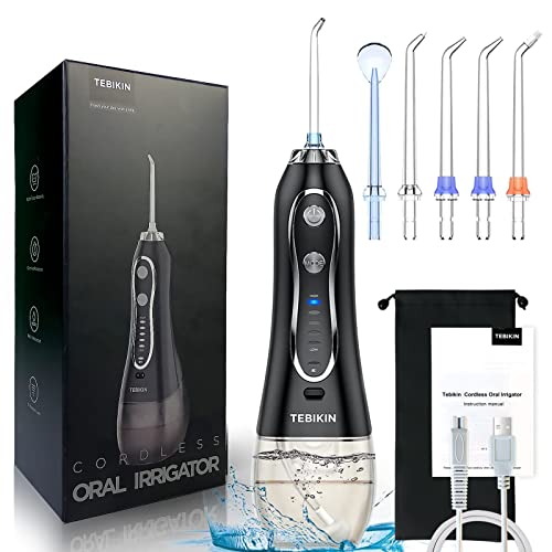 Tebikin Portable Cordless Water Dental Flosser, 5 Modes 5 Jet Tips Oral Water Flossers For Teeth Cleaning, Ipx7 Waterproof 2500Mah Rechargeable 300Ml Water Tank For Family Travel #TOP3