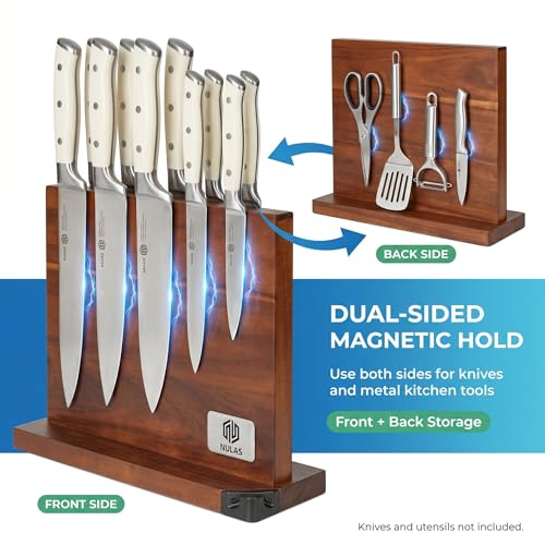 Image of Magnetic Knife Block with Built-in Sharpener, Double-Sided Countertop Magnetic Knife Holder, Holds Up to 12 Knives & Metal Kitchen Tools, Brown