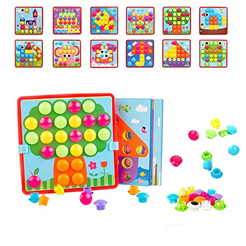 FEIGSEN Button Art Toy for 3 Year Old Color Matching Mosaic Pegboard Early Learning Toy Gifts for Boys and Girls Toddlers, 12 Pictures and 46 Buttons