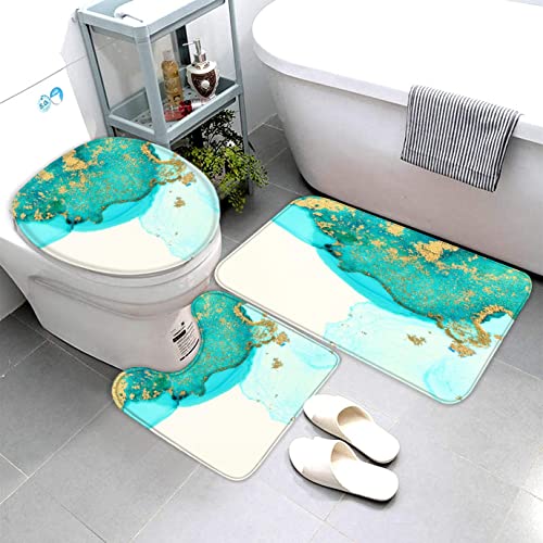 Zifarm Badematte rutschfeste 50x80 cm Türkis Badvorleger-Set 3D Drucken Golden Abstrakt Mikrofaser Flanell Absorbierend… – Bild 6
