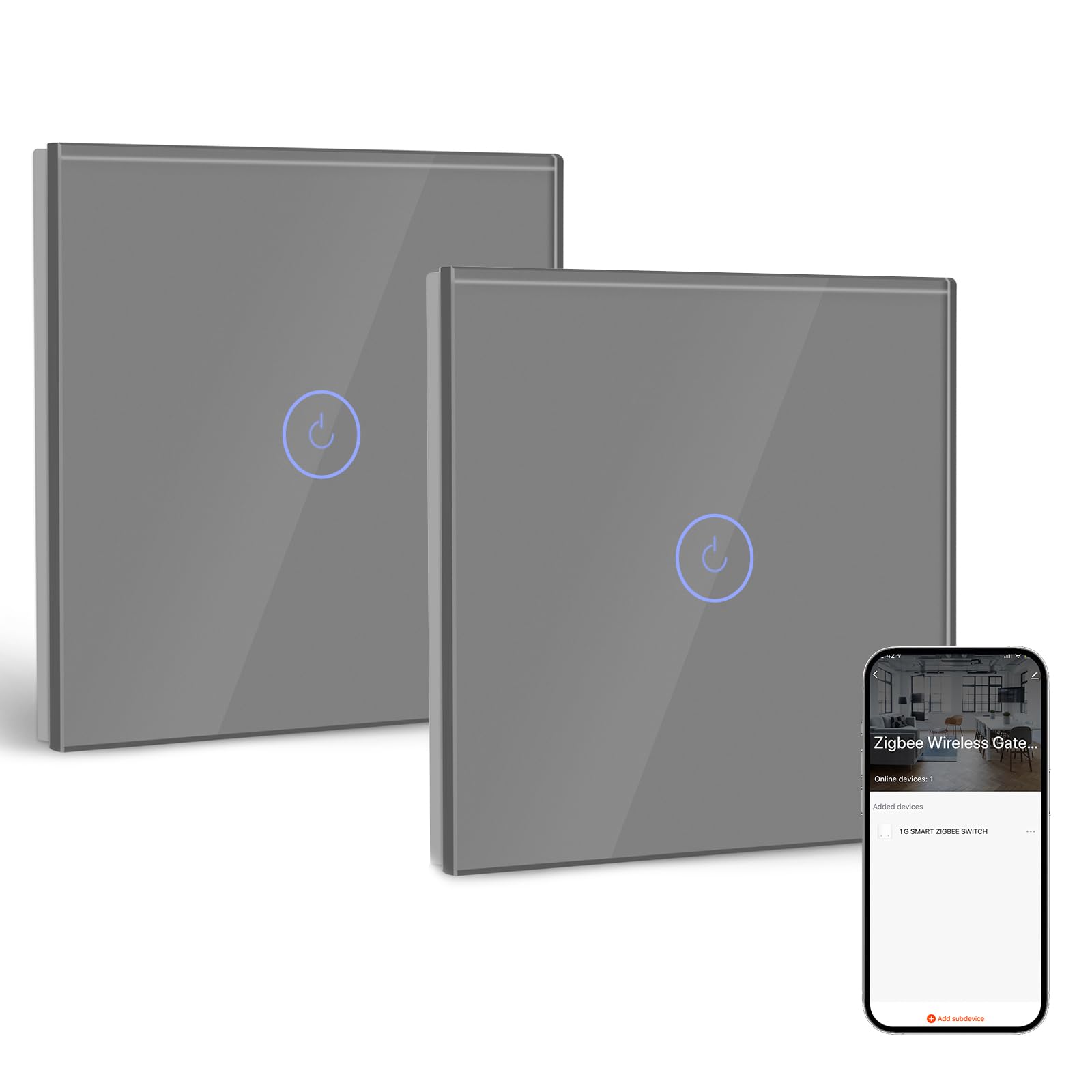 BSEED Smart ZigBee Interruptor 1 Gang 2 Vías, Interruptor de Pared Inteligente con Alexa y Google Home, Interruptor Táctil (Cable Neutro, Hub Gateway necesario) Gris