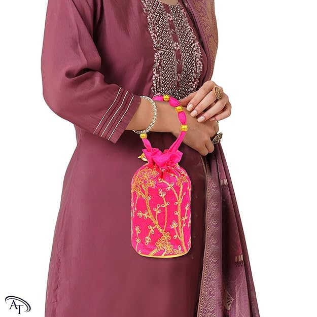 Image of Women Potli Bags | Zari Embroidered Silk With Drawstring | Traditional Return Gifts for Mehandi, Haldi, Baby Shower, Wedding, Sangeet, Seemantham