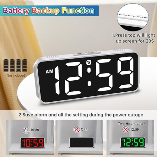 Image of Peakeep Tiny Small Digital Alarm Clock Plug in for Kids Bedroom Bedside Nightstand, 8 RGB Colors Large Display Dimmable 6 Brightness, Corded Electric Battery Backup (White - RGB)