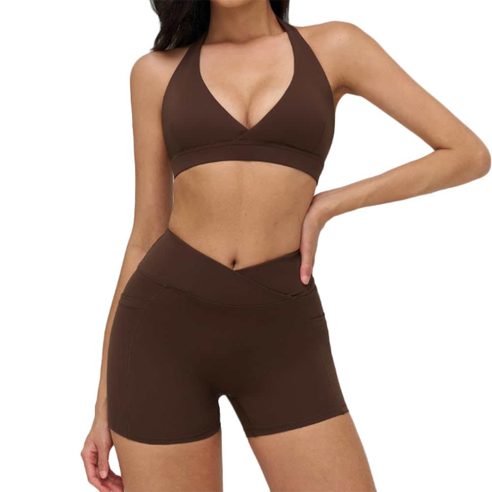 XYFfybhsd Women High Waist Sleeveless Yoga Sets Gym Fitness Running (Size:L,Color:Brown 2)