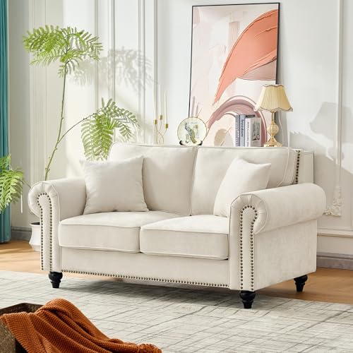 Image of KEIKI 64 inch Oversized Chenille Loveseat Sofa with Rolled Arms and Nailhead Trim, Upholstered Modern Style 2-Seater Couch with High-Density Foam Cushions, Easy Assembly, for Apartment, Living Room, Beige
