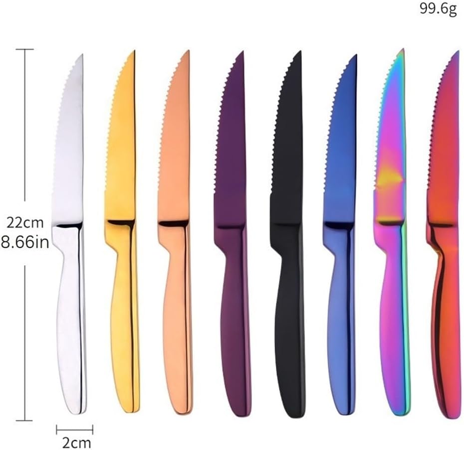 8.66 Inch Serrated Steak Knife, Stainless Steel Dinner Cutlery with Ergonomic Handle for Steak, BBQ, Kitchen Use(Purple,8 Pieces)