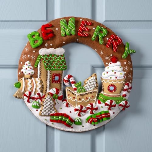 Image of Bucilla Felt Applique Wreath Making Kit, Gingerbread Express, Perfect for DIY Arts and Crafts, 89677E