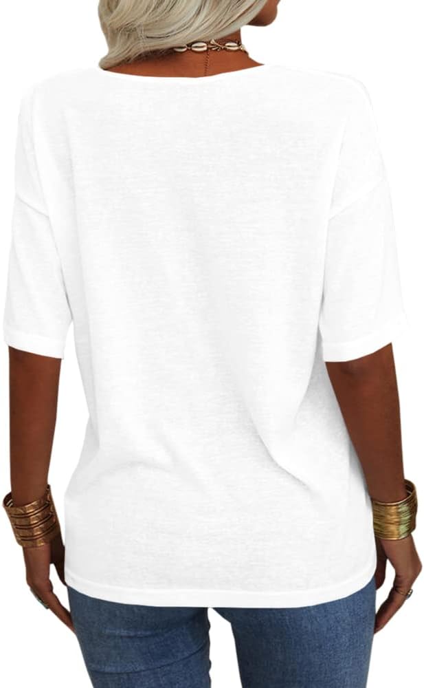 Tankaneo Women's 3/4 Sleeve Shirts V Neck Loose Fitting Tops Casual Solid Color Tshirts Trendy Basic Tunic Summer Ladies Tops