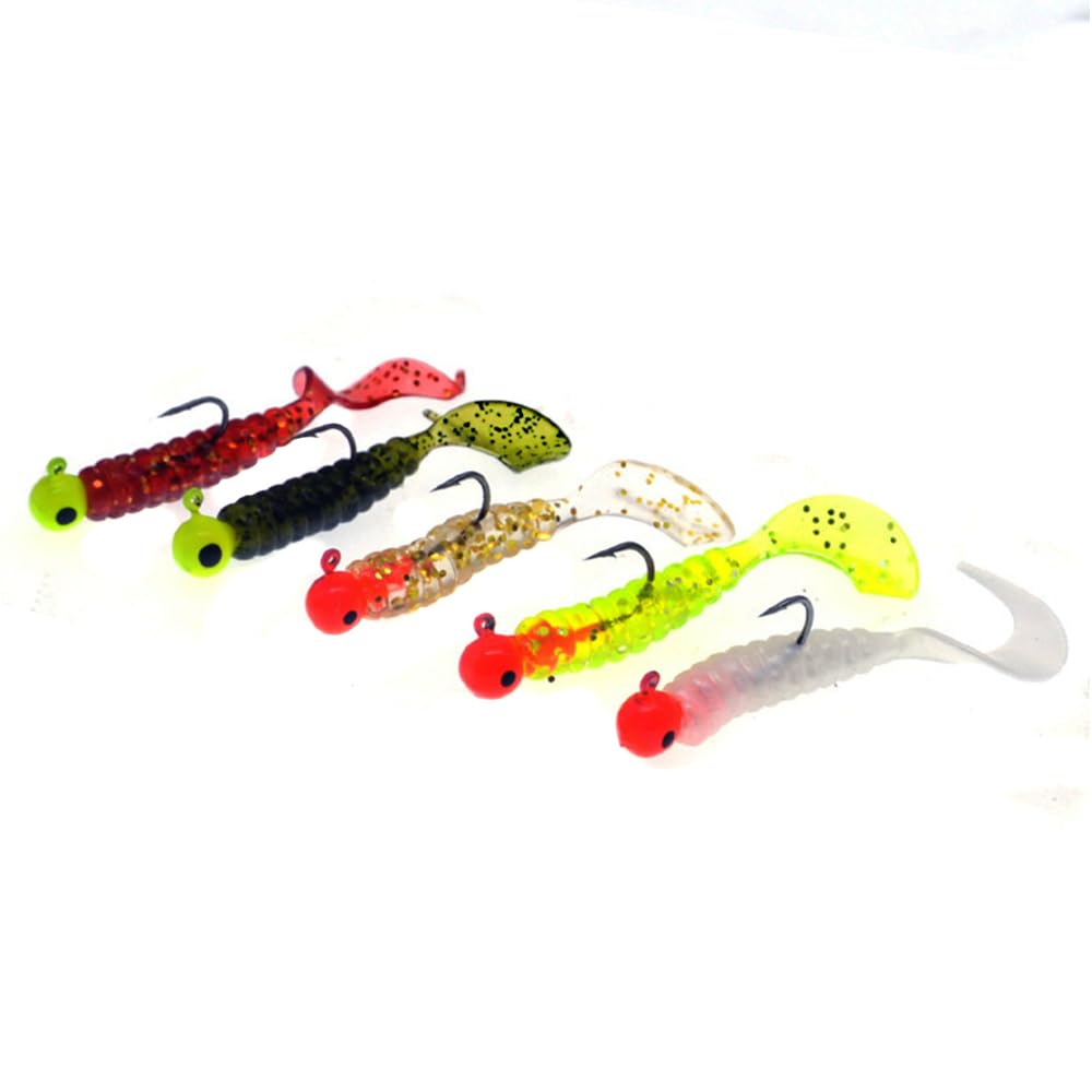 Kit di 20 esche da pesca con coda riccia, ganci per testa di verme, esche in plastica morbida, attrezzatura da pesca in silicone per pesce gatto, pesce persico, luccio, acqua salata e acqua dolce