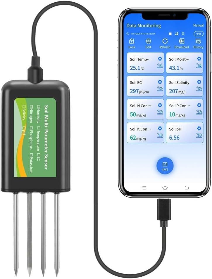 USB Soil Sensor for Android and For Hongmeng OS, Features Waterproof and Rust Proof Probe, Tests Moisture, pH, Temperature, Conductivity, Salinity, and NPK Nutrients