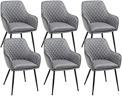 Yaheetech Dining Chairs Velvet Accent Armchairs Living Room Chairs with Steel Legs Upholstered Modern Tub Chairs with Backrest Armrest for Lounge Living Room Dining Room, Set of 6, Grey