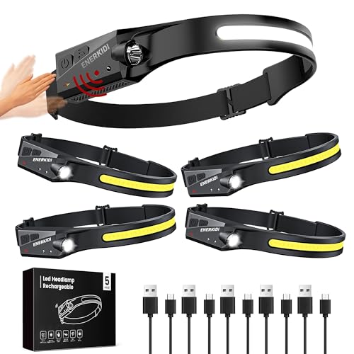 5 Packs LED Headlamp Rechargeable HeadLamps for Adults, 5 Modes Head Light Sensor Mode 230° Wide Beam IPX4 Headlight Waterproof Camping Accessories Gifts for Hiking Running Repairing Fishing Cycling by ENERKIDI - Used condition - US$15.04