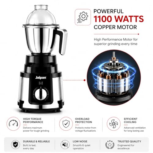 Image of Jaipan Sonet 1100W Mixer Grinder with 3 Stainless Steel Jars | Powerful Copper Motor | Heavy Duty Grinding, Mixing & Blending | Wet & Dry Grinding | Durable ABS Body | Black & Silver