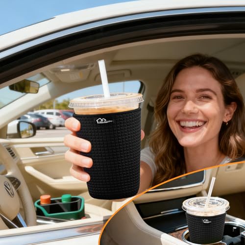 Image of Reusable Iced Coffee Cup Sleeve for Cold Beverages and Neoprene Cold Coffee Cup Sleeves Cooler Cover 16-32OZ for Coffee Cups, McDonalds, Dunkin Donuts, More (Embossed Black)