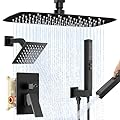 Orovessina Shower Faucet Set, 12" Ceiling Mount Rainfall Shower System with 2 Rain Shower Heads, 2-in-1 Handheld, Solid Brass Pressure Balancing Shower Valve and Trim Kit, Matte Black
