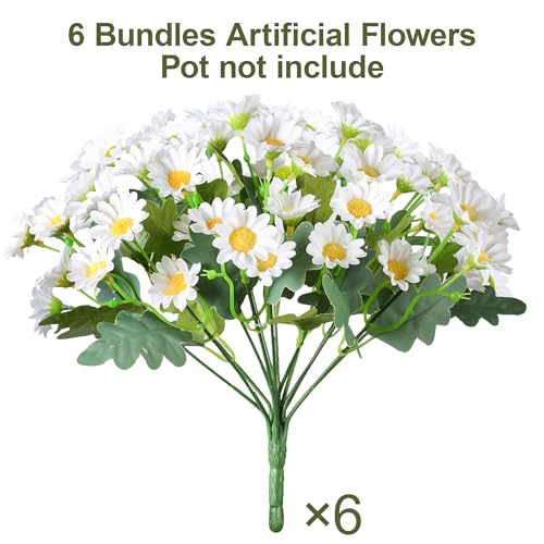 Image of HyeFlora Artificial Mums for Outdoors Fall Decor, 6 Bundles Fake Flowers UV Resistant Realistic Faux Flowers Bouquet Silk Flowers for Outside Planter Porch Patio Garden Yard Balcony Home, White