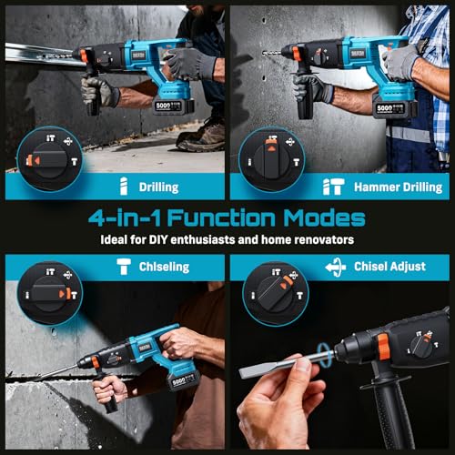 Image of Seesii 1 inch Cordless SDS-Plus Rotary Hammer Drill, 2 x 5.0Ah Batteries, 3.2J | Brushless Motor, 4 Modes with Kickback Protection, Dust Cover, Chisels, Drill Bits for Concrete Drilling & Home Renovation