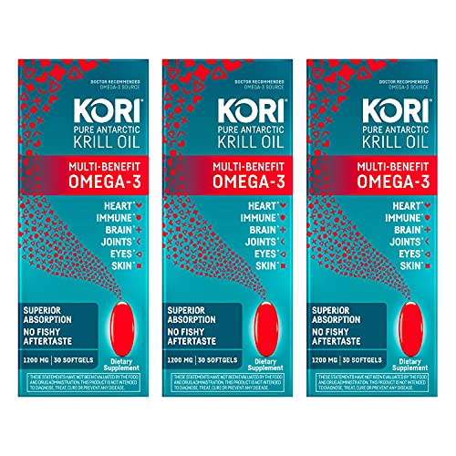 Kori Krill Oil Omega-3 1200mg, 30 Softgels | Multi-Benefit Omega-3 Supplement | Superior Omega-3 Absorption vs Fish Oil and No Fishy Burps (Pack of 3)