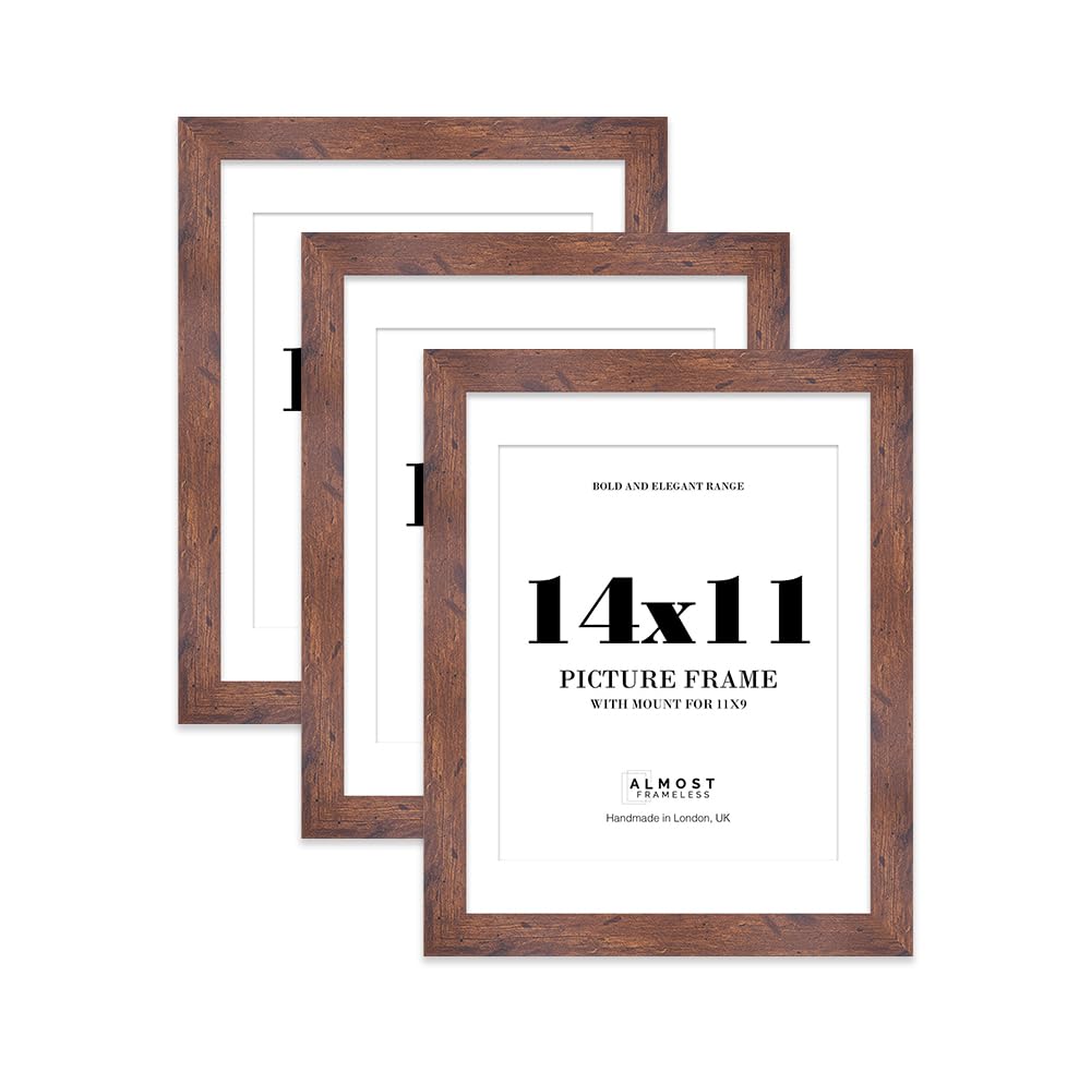 14x11 Rustic Wood Frame With Mount for 11x9 Pictures 28mm Edge Portrait and Landscape Display with Wall Hooks and Kickstand, 3 Pack