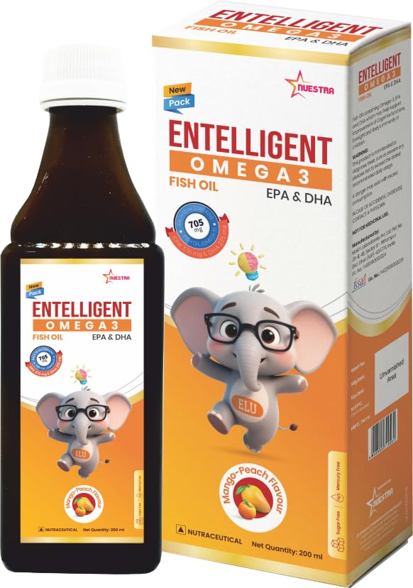 Entelligent Omega 3 Supplement for children with EPA & DHA | Supports Brain & Eye Health, Immunity, Digestion, Daily Wellness. 200ml, Sugar & Mercury Free, Mango-Peach Flavour-image-20