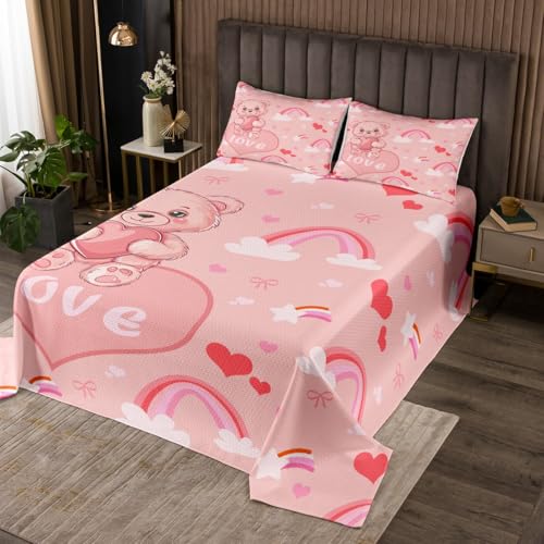 Homewish Kawaii Bear Coverlet Set Queen Size,Pink Love Heart Shape Print Durable Bedspread for Girls Teens,Lovely Stars Rainbow Bowknot Soft Polyester Quilt Set, with 2 Pillowcases