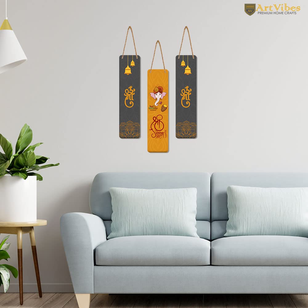 Artvibes Auspicious Shri Ganesh Auspicious Wooden Art Work Wall Hanging | Spiritual Decor Items | Wall Sculpture | Signs & Plaques| Stylish Modern Decor Item | Gift Items (WH_8109N), Set of 3