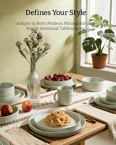 Image of Famiware Ceramic Plates and Bowls Set, Dinnerware Sets, Ribbed Dishes for 4 | 12-Piece Stoneware Dishware, Lipped Edges, Chip & Scratch Resistant, Microwave & Dishwasher Safe, Everyday Use, Light Green